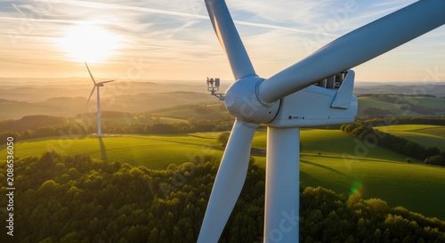 Close-up aerial view of a large white wind turbine generating renewable energy during a golden hour sunset over rolling green fields and trees.