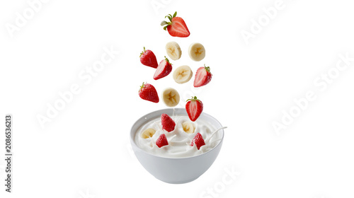 Fresh strawberries and banana slices falling into a white bowl of creamy milk on transparent background
