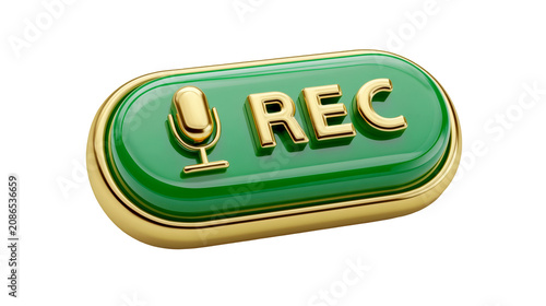 Recording button icon with green glossy surface and gold metallic text isolated on transparent background