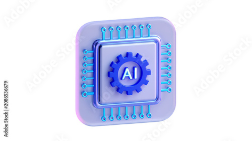 Artificial intelligence chip icon with blue gear symbol rendered in 3D style on transparent background