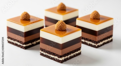 Gourmet chocolate and caramel layered square dessert with a textured topping, beautifully presented in a culinary setting.