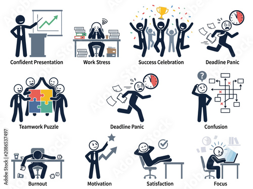 Photos Office workers experience various emotions during workday activities and interac