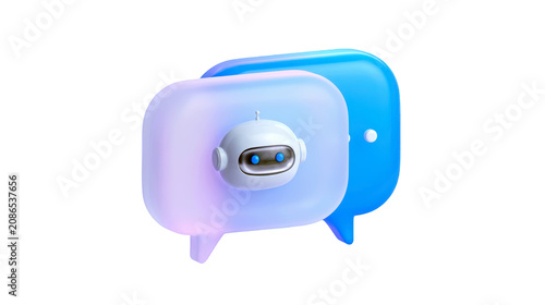 Chatbot icon featuring a cute artificial intelligence robot inside soft blue speech bubbles on transparent background