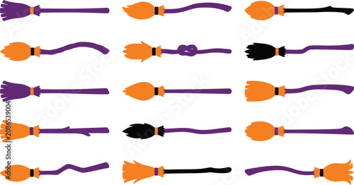 Obraz na plátně Collection of colorful witch brooms halloween flying broomstick vector set