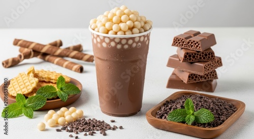 Rich Chocolate Milkshake Topped with White Chocolate Pearls and Chocolate Bar Slices