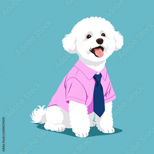 Canvas Print An adorable cartoon illustration of a white bichon frise dog wearing a formal pink dress shirt and a navy blue necktie, isolated on a solid blue background, suitable for business, pet