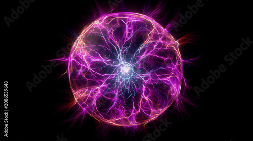 Plasma ball glowing with vibrant purple electric lightning energy sparks isolated as a design on transparent background