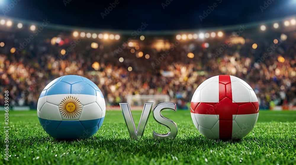 Obraz premium Argentina versus england national football teams soccer balls on lush green pitch with stadium lights illuminating vibrant stadium crowds during dramatic match.