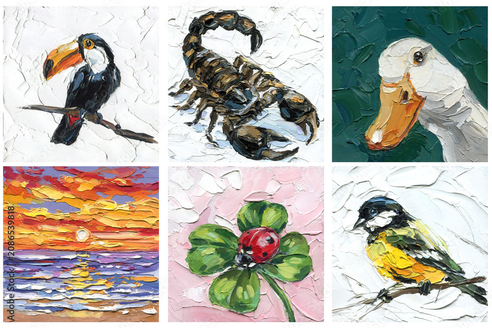 Obraz premium Set textured oil paintings featuring a toucan, scorpion, white goose, ocean sunset, ladybug on clover, and great tit bird