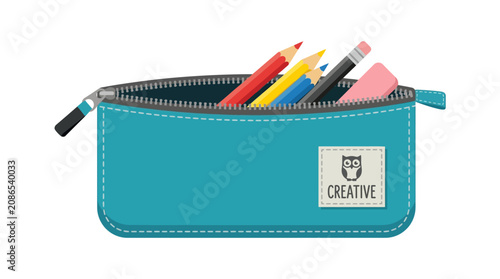 Fotografie Teal pencil case, colorful stationery, creative supplies, school accessories