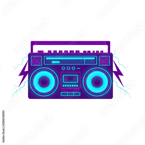 Retro Neon Boombox Illustration with Electric Synthwave Style Isolated on White Background