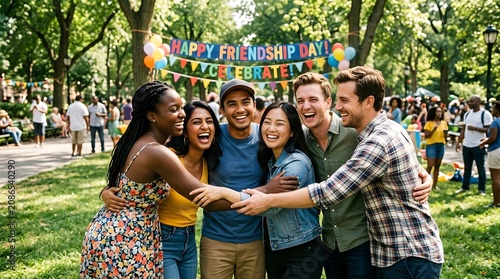 Diverse group of friends celebrating friendship day in a park