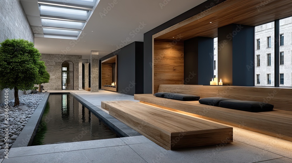 Fototapeta premium Luxurious wellness spa combines limestone, oak, and natural water with reflection pool and minimal design for guests to relax and rejuvenate during the day