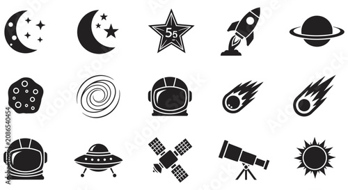 Fotografie Space Exploration Icons Crescent Moon Rocket Astronaut Helmet And Celestial Bodi