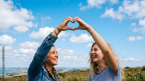 Two women forming a heart shape with their hands in a field