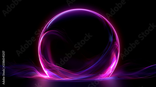 Glowing purple neon circle frame featuring abstract energy waves and vibrant light rays on transparent background