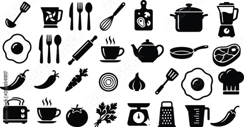 Fotografie Kitchen utensils and cooking ingredients black icons collection vector illustrat