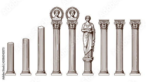 Foto Set of classical roman and greek architecture columns and statues illustration w