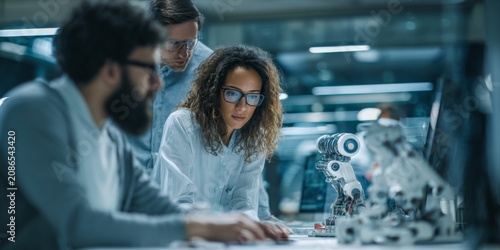 Diverse team of scientists working collaboratively in a modern laboratory with advanced equipment including microscopes and robotic arms for research and innovation