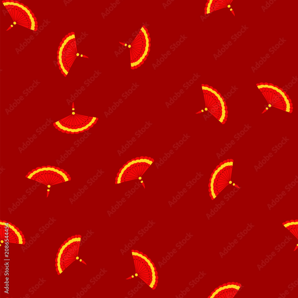 Fototapeta premium pattern red chinese fan cartoon. lantern asian, spring decoration, element cny red chinese fan sign. seamless vector illustration