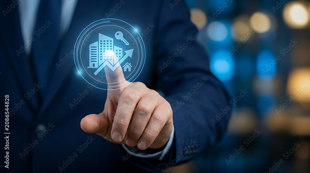 Fototapeta premium Businessman touching digital interface showing real estate growth and key house buildings
