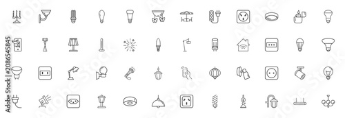 Light icon set. Minimal linear icons. Lighting icon pack. Featuring candles, wall lamps, light bulbs, lamps, plugs, sockets, switches, desk lamps, flashlights, lanterns and more.
