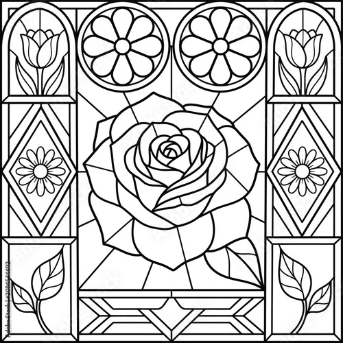 A intricate and stylish stained glass coloring page featuring a central rose drawing.