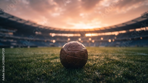 A classic leather soccer ball lies on the grass field at dusk.