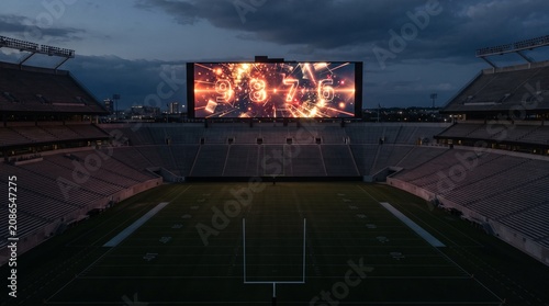 A night view of a football stadium with a giant screen.