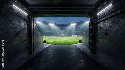 The view from the stadium exit leading out onto the bright green turf.