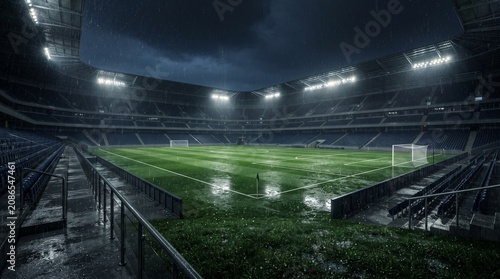 Empty football stadium in the rain at night.
