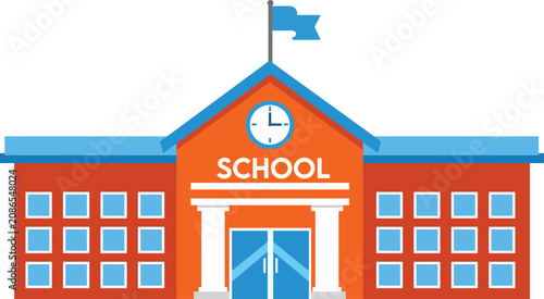 School Building Architecture Icon  Educational Campus Orange Blue Red Vector Illustration Children Learning Academic Institution Design Element