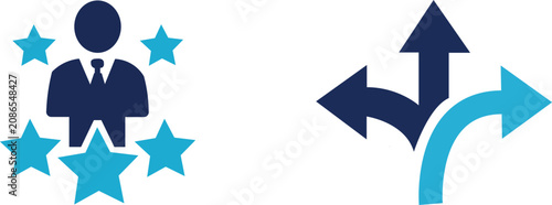 Business Performance Rating Icons Set  Professional Person Stars Directional Arrows Vector Illustration Navy Blue Career Growth Strategy Design