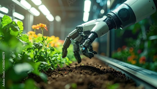 Robotic Arm Tending Green Plants in Modern Indoor Greenhouse