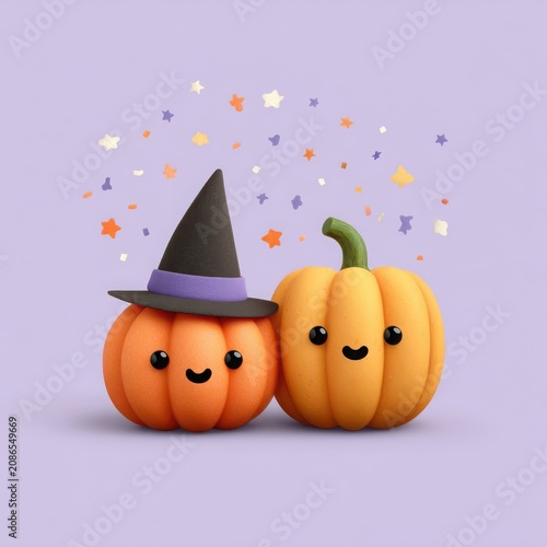 Two smiling pumpkins, one wearing a witch hat, stand side by side against a light purple background.