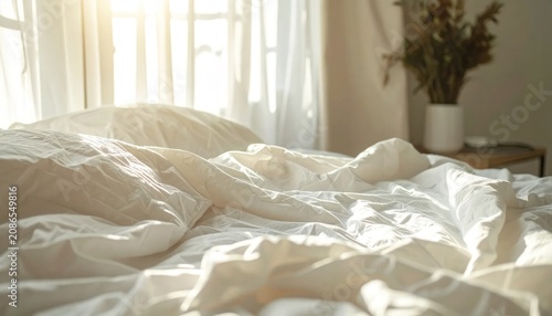 Rumpled White Bedding Lit by Morning Sunlight in Cozy Minimal Bedroom