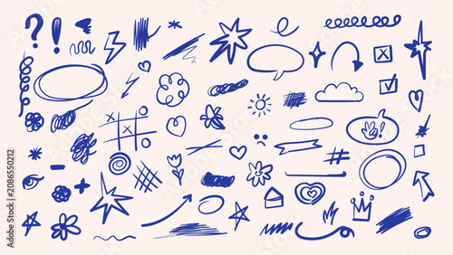 Vector set of hand drawn blue marker doodles symbols and arrows. Monochrome scribble collection including frames lines clouds stars hearts and underlines isolated on background for business infographi
