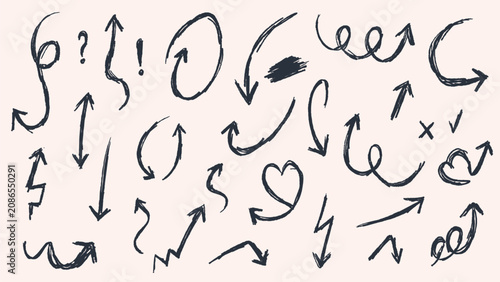 Vector set of hand drawn arrows and pointers with textured charcoal outlines. Business infographic doodles collection isolated on background for presentations website interface design and social media