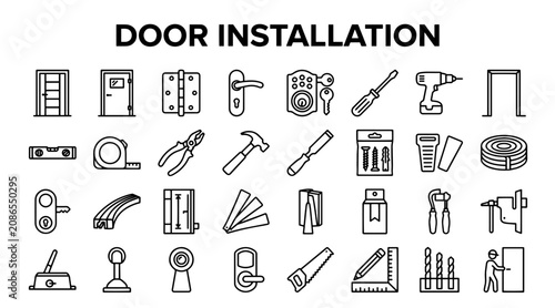 Door Installation Tools and Hardware Icons: Construction and Renovation Elements