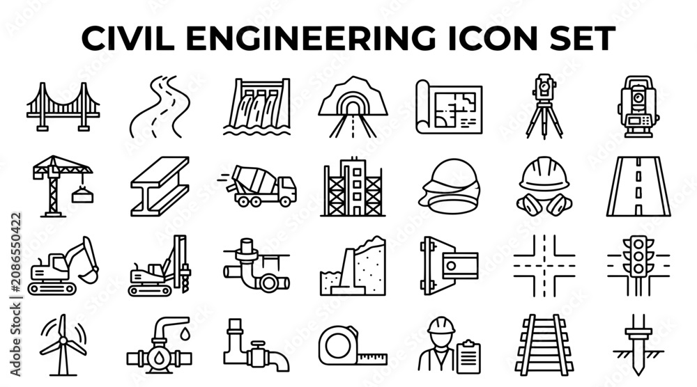Fototapeta premium Civil Engineering Icon Set Featuring Bridges, Dams, Roads, and Construction Equipment