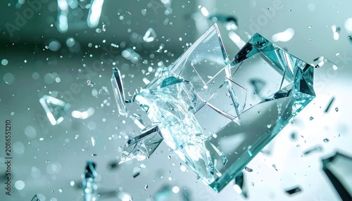 Shattered Transparent Glass Fragments Floating in Teal Abstract Background