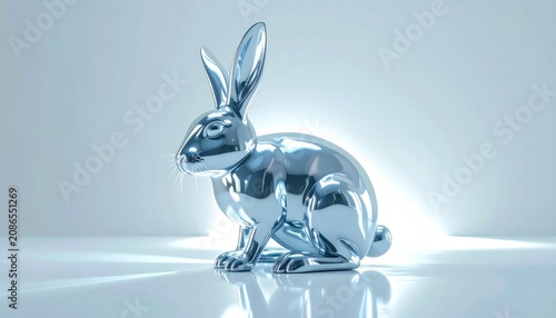 Shiny Chrome Rabbit Figurine Sitting on Reflective Minimal Studio Surface