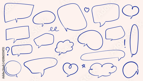 Vector set of hand drawn blue ink speech bubbles and dialogue frames. Minimalist monochrome scribble collection of comic clouds text boxes and chat icons isolated on background for website interfac