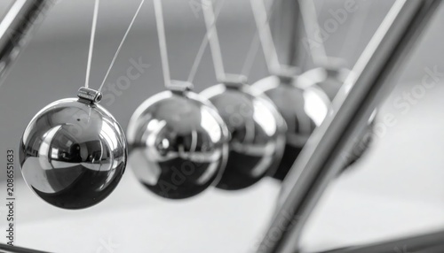 Shiny Metal Newton Cradle Balls Suspended in Minimal Office Setting