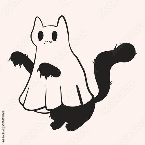 Vector linear illustration of a cat wearing a ghost costume. Minimalist black and white outline spooky pet sketch isolated on background for Halloween logo design holiday icon print and autumn brandin