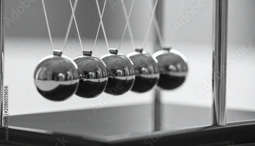 Shiny Metal Newtons Cradle Balls Hanging in Minimal Office Setting