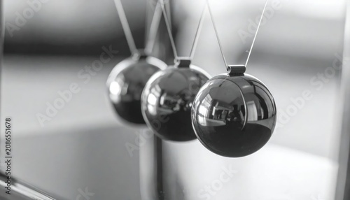 Shiny Metal Newtons Cradle Balls Hanging in Minimal Office Setting