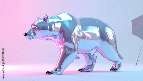 Shiny Metallic Bear Standing in Pastel Studio Lighting