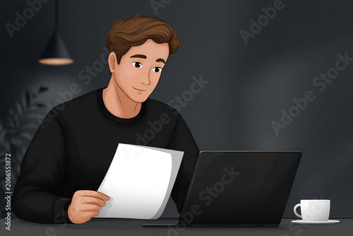 Young man working on laptop at home or office studying important documents in dark modern interior