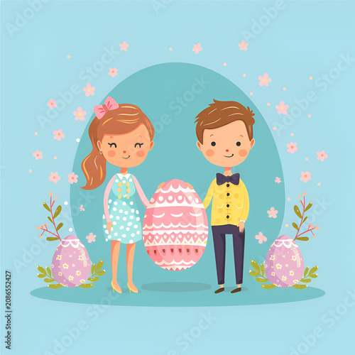 Two children, a girl in a polka dot dress and a boy in a bow tie, joyfully holding a large decorated Easter egg surrounded by colorful flowers and pastel eggs in a cheerful setting